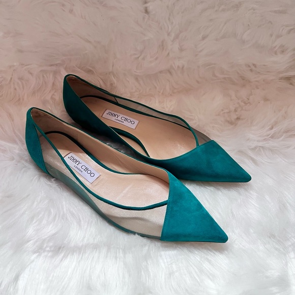 JIMMY CHOO Suede Mesh Point Toe Ballerina Flats in Emerald - Picture 4 of 7